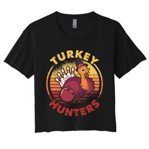 Funny Bowling Player Bowler Team Thanksgiving Turkey Hunters Women's Crop Top Tee