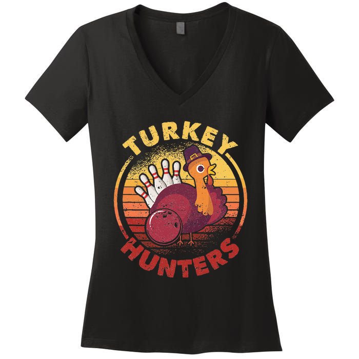 Funny Bowling Player Bowler Team Thanksgiving Turkey Hunters Women's V-Neck T-Shirt