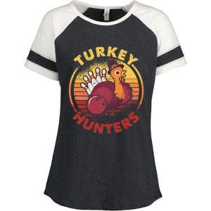 Funny Bowling Player Bowler Team Thanksgiving Turkey Hunters Enza Ladies Jersey Colorblock Tee