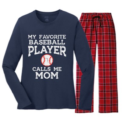 Favorite Baseball Player Calls Me Mom Mothers Day Mama Women Women's Long Sleeve Flannel Pajama Set 