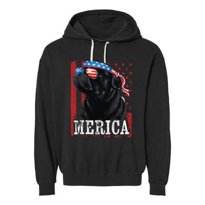 Funny Black Pug 4th of July Dog Mom Dog Dad Merica USA Flag Garment-Dyed Fleece Hoodie