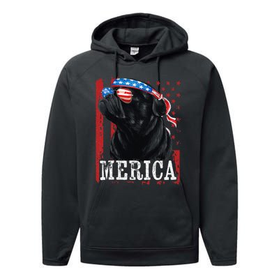 Funny Black Pug 4th of July Dog Mom Dog Dad Merica USA Flag Performance Fleece Hoodie