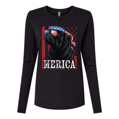 Funny Black Pug 4th of July Dog Mom Dog Dad Merica USA Flag Womens Cotton Relaxed Long Sleeve T-Shirt