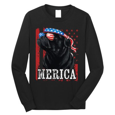 Funny Black Pug 4th of July Dog Mom Dog Dad Merica USA Flag Long Sleeve Shirt