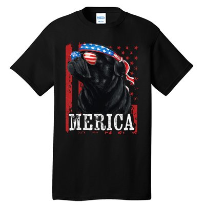 Funny Black Pug 4th of July Dog Mom Dog Dad Merica USA Flag Tall T-Shirt