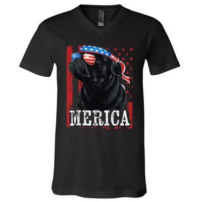 Funny Black Pug 4th of July Dog Mom Dog Dad Merica USA Flag V-Neck T-Shirt