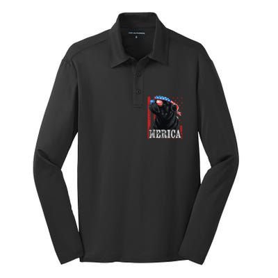 Funny Black Pug 4th of July Dog Mom Dog Dad Merica USA Flag Silk Touch Performance Long Sleeve Polo