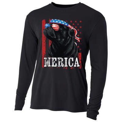 Funny Black Pug 4th of July Dog Mom Dog Dad Merica USA Flag Cooling Performance Long Sleeve Crew