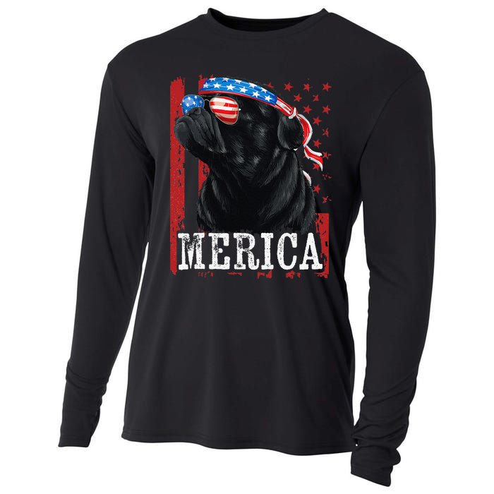 Funny Black Pug 4th of July Dog Mom Dog Dad Merica USA Flag Cooling Performance Long Sleeve Crew