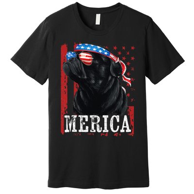 Funny Black Pug 4th of July Dog Mom Dog Dad Merica USA Flag Premium T-Shirt