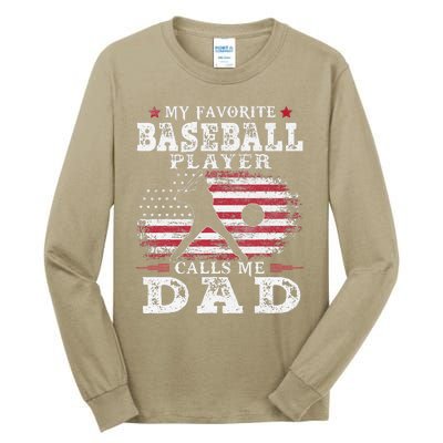 Favorite Baseball Player Calls Me Dad USA Flag Fathers Day Tall Long Sleeve T-Shirt