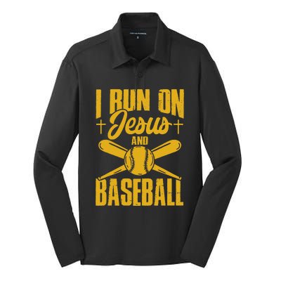 Funny Baseball Player I Run On Jesus And Baseball Silk Touch Performance Long Sleeve Polo