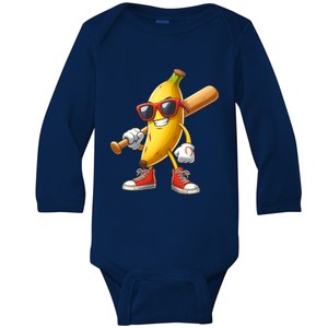 Funny Banana Playing Baseball Fruit Lover Baseball Player Cute Gift Baby Long Sleeve Bodysuit