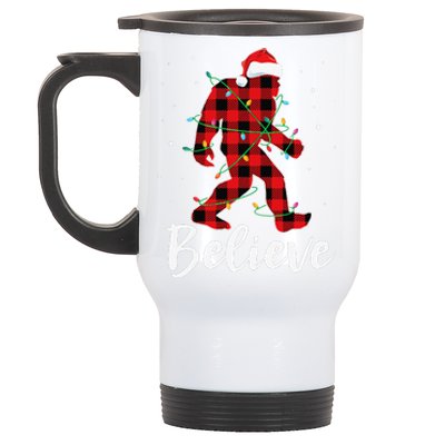 Funny Believe Plaid Bigfoot Christmas Light Sasquatch Santa Stainless Steel Travel Mug