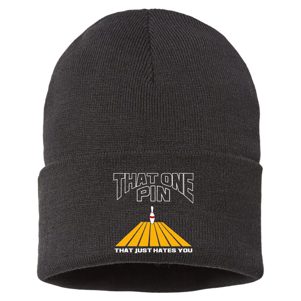 Funny Bowling Pin That Hates You Bowler's Nightmare Sustainable Knit Beanie