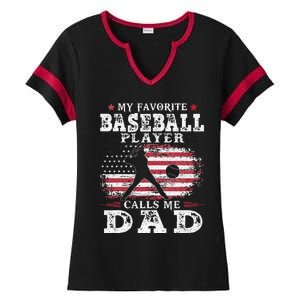 Favorite Baseball Player Calls Me Dad USA Flag Fathers Day Ladies Halftime Notch Neck Tee