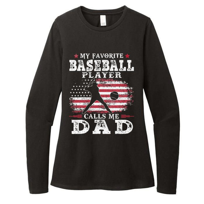 Favorite Baseball Player Calls Me Dad USA Flag Fathers Day Womens CVC Long Sleeve Shirt