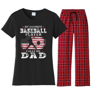 Favorite Baseball Player Calls Me Dad USA Flag Fathers Day Women's Flannel Pajama Set