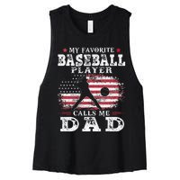 Favorite Baseball Player Calls Me Dad USA Flag Fathers Day Women's Racerback Cropped Tank