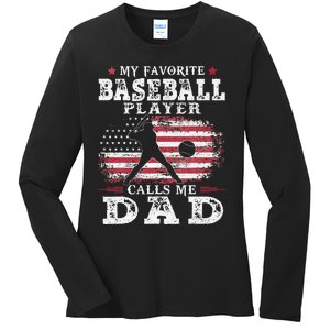 Favorite Baseball Player Calls Me Dad USA Flag Fathers Day Ladies Long Sleeve Shirt