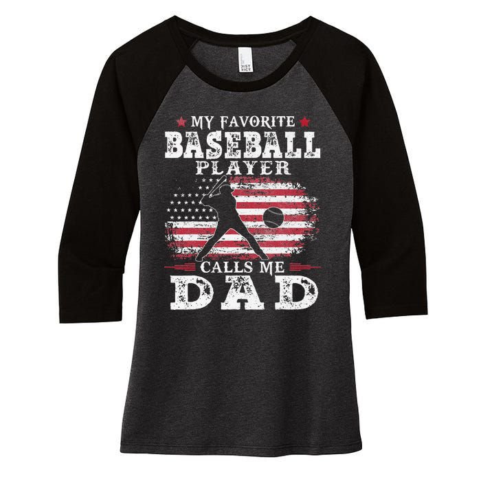 Favorite Baseball Player Calls Me Dad USA Flag Fathers Day Women's Tri-Blend 3/4-Sleeve Raglan Shirt