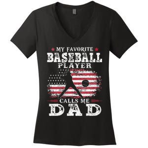 Favorite Baseball Player Calls Me Dad USA Flag Fathers Day Women's V-Neck T-Shirt