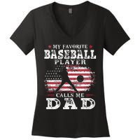 Favorite Baseball Player Calls Me Dad USA Flag Fathers Day Women's V-Neck T-Shirt