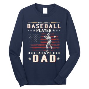 Favorite Baseball Player Calls Me Dad USA Flag Father's Day Long Sleeve Shirt