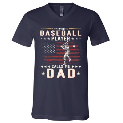 Favorite Baseball Player Calls Me Dad USA Flag Father's Day V-Neck T-Shirt