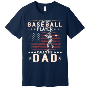 Favorite Baseball Player Calls Me Dad USA Flag Father's Day Premium T-Shirt