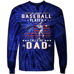 Favorite Baseball Player Calls Me Dad USA Flag Father's Day Tie-Dye Long Sleeve Shirt