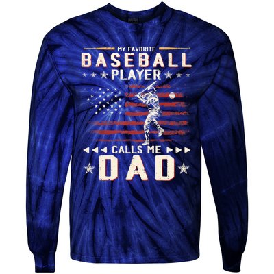 Favorite Baseball Player Calls Me Dad USA Flag Father's Day Tie-Dye Long Sleeve Shirt