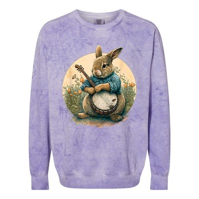 Funny Bunny Playing Banjo Guitar Music Rabbit Happy Easter Colorblast Crewneck Sweatshirt