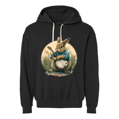 Funny Bunny Playing Banjo Guitar Music Rabbit Happy Easter Garment-Dyed Fleece Hoodie