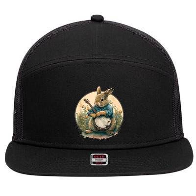 Funny Bunny Playing Banjo Guitar Music Rabbit Happy Easter 7 Panel Mesh Trucker Snapback Hat