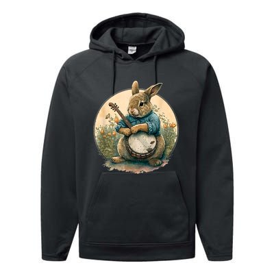 Funny Bunny Playing Banjo Guitar Music Rabbit Happy Easter Performance Fleece Hoodie