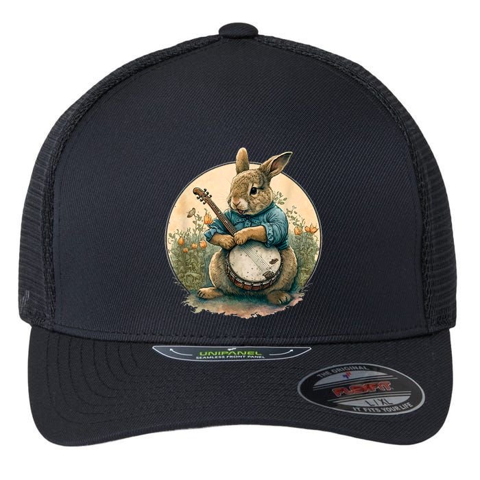Funny Bunny Playing Banjo Guitar Music Rabbit Happy Easter Flexfit Unipanel Trucker Cap