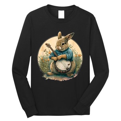 Funny Bunny Playing Banjo Guitar Music Rabbit Happy Easter Long Sleeve Shirt