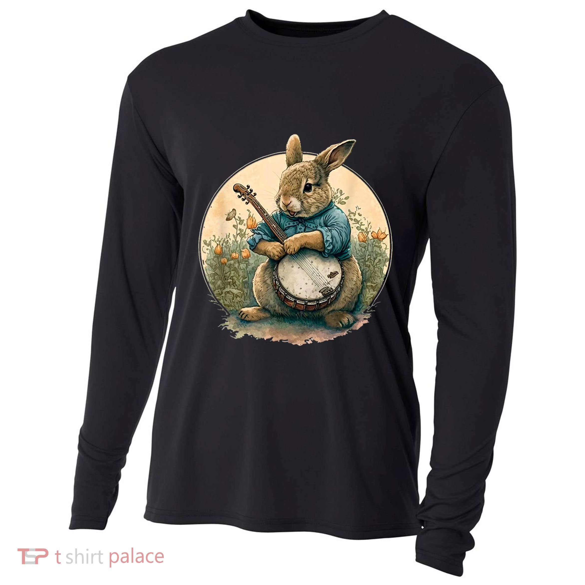 Funny Bunny Playing Banjo Guitar Music Rabbit Happy Easter Cooling Performance Long Sleeve Crew
