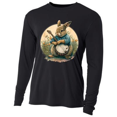 Funny Bunny Playing Banjo Guitar Music Rabbit Happy Easter Cooling Performance Long Sleeve Crew