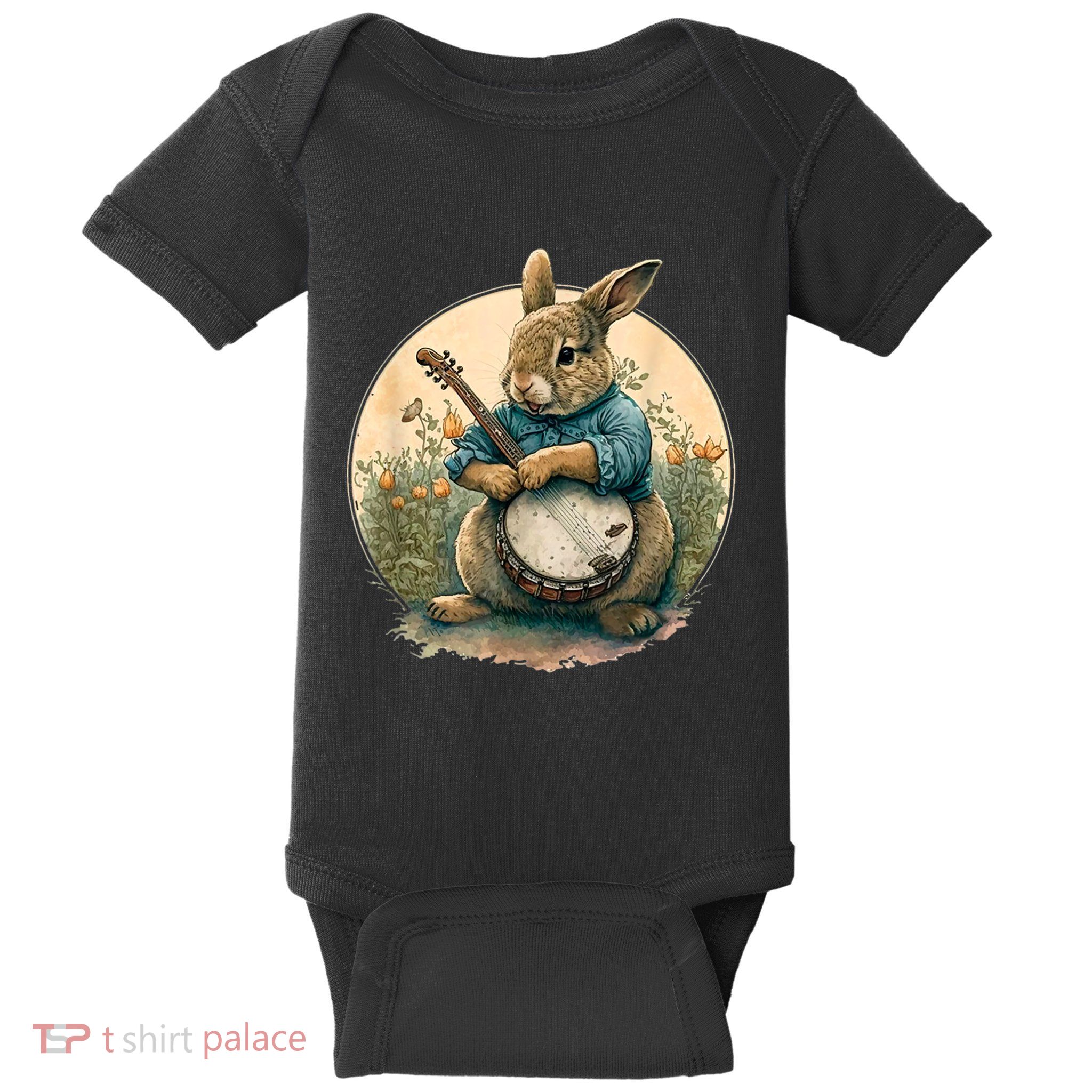 Funny Bunny Playing Banjo Guitar Music Rabbit Happy Easter Baby Bodysuit