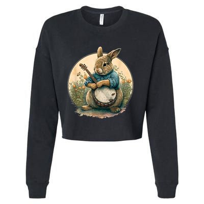 Funny Bunny Playing Banjo Guitar Music Rabbit Happy Easter Cropped Pullover Crew