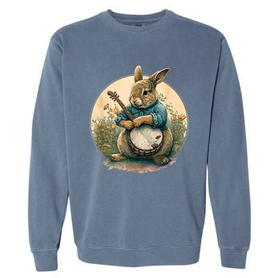 Funny Bunny Playing Banjo Guitar Music Rabbit Happy Easter Garment-Dyed Sweatshirt