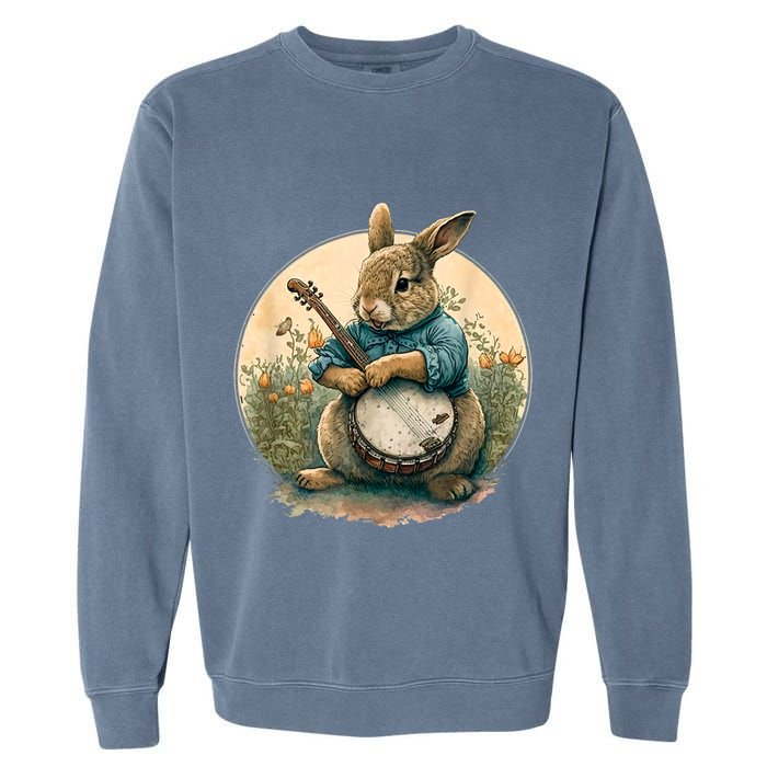 Funny Bunny Playing Banjo Guitar Music Rabbit Happy Easter Garment-Dyed Sweatshirt