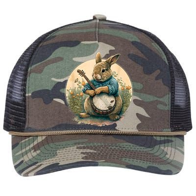 Funny Bunny Playing Banjo Guitar Music Rabbit Happy Easter Retro Rope Trucker Hat Cap