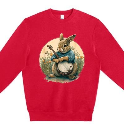 Funny Bunny Playing Banjo Guitar Music Rabbit Happy Easter Premium Crewneck Sweatshirt