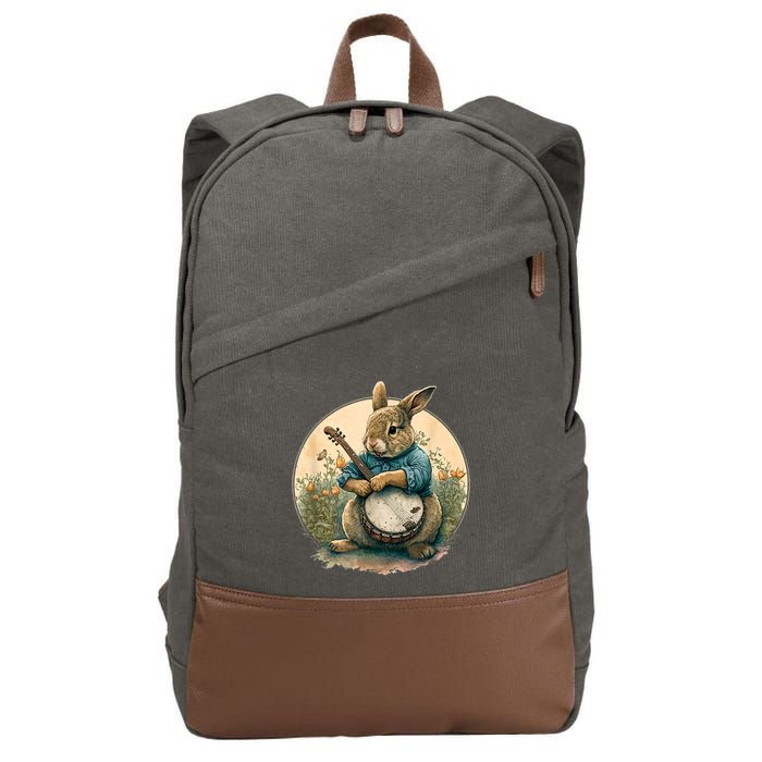 Funny Bunny Playing Banjo Guitar Music Rabbit Happy Easter Cotton Canvas Backpack