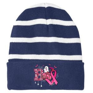 Funny Boo Pumpkin Witch Pink Ribbon Breast Cancer Halloween Striped Beanie with Solid Band