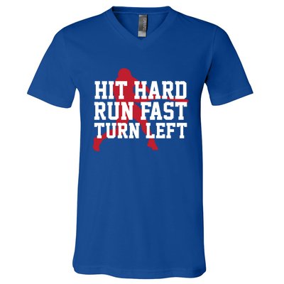 Funny Baseball Player Humor Hit Hard Run Fast Turn Left Gift V-Neck T-Shirt