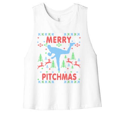 Funny Baseball Pitcher Ugly Christmas Sweater Party Gift Women's Racerback Cropped Tank